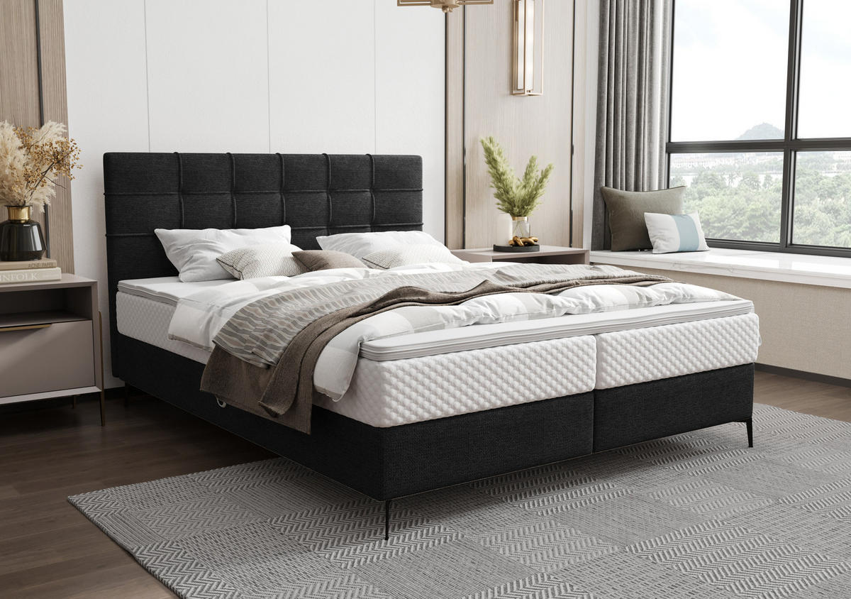 BOXBETT INAO 140x200 mit Matratze H3, Bonell und Topper ARAGON 99 - Schwarz, Textil (140/200cm) - Bedante