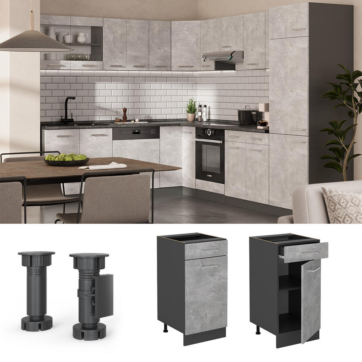 SPODNÍ SKŘÍŇKA KUCHYŇSKÉ LINKY R-Line Beton - šedá/antracitová, kompozitní dřevo (40/81.6/60cm) - Vicco