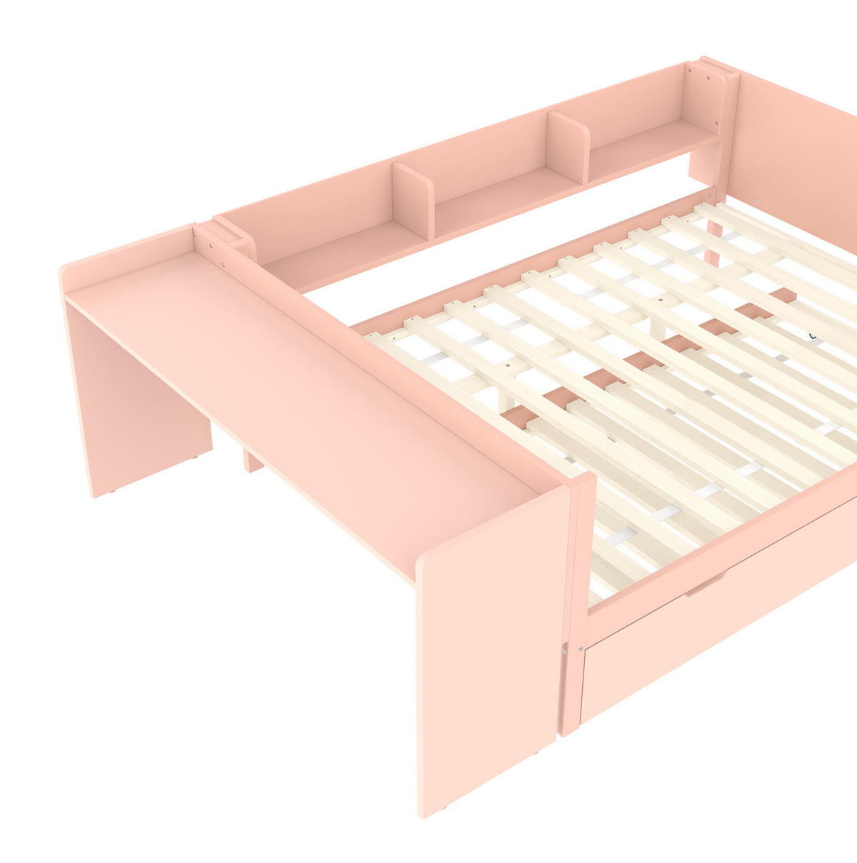KINDERBETT aus Kiefernholz und Spanplatte 140x200 cm Weiß/Rosa mit Schreibtisch, Rollbett und 3 Regalen - Rosa, Holz (140/200cm) - Modfu