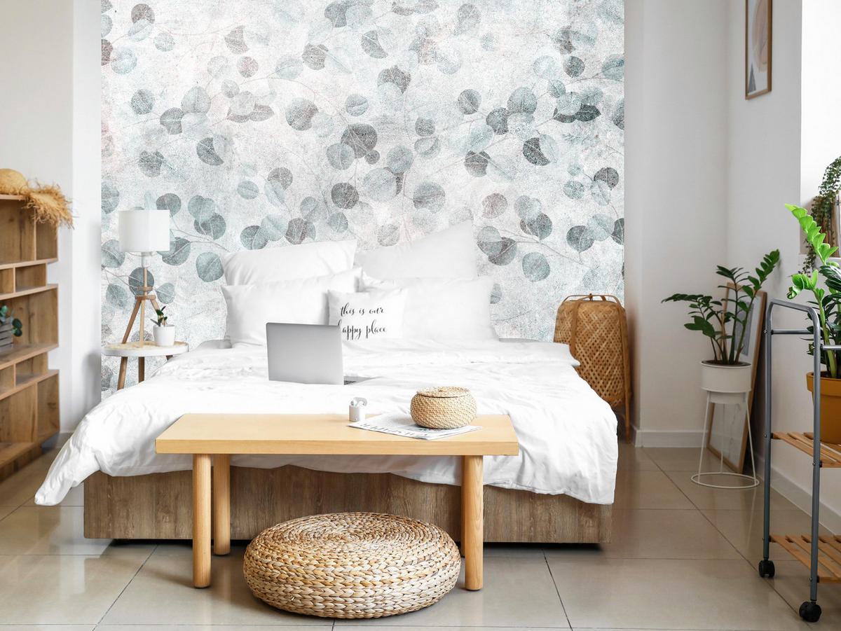 FOTOTAPETE Eukalyptusblätter Beton Vintage Stil 450x315 - Grau/Grün, Papier (450/315cm) - Muralo