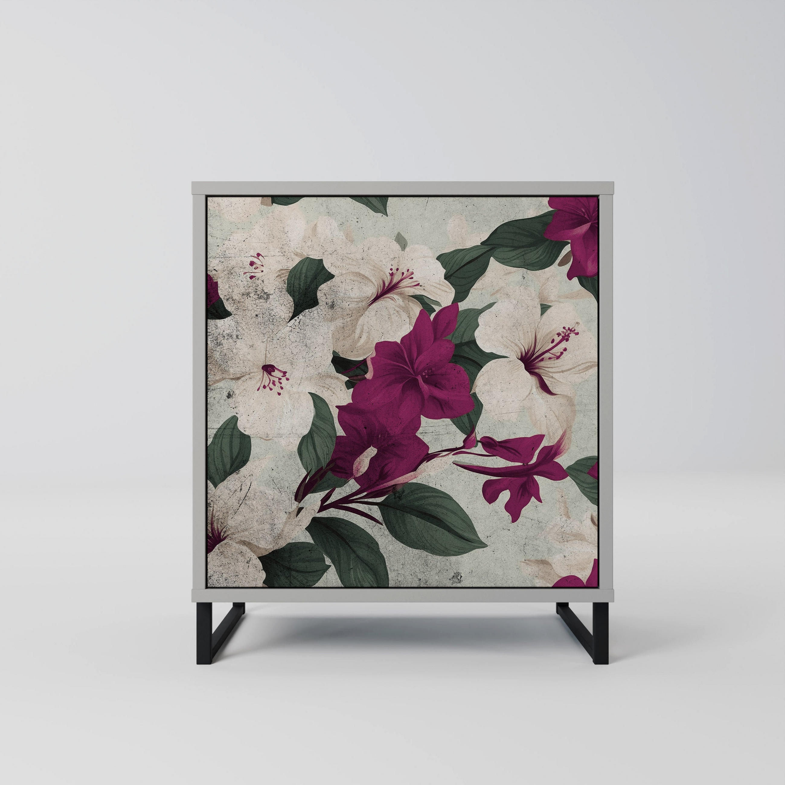 SIDEBOARD FLOWERET DREAM, Grau, 57,5x42x67,5 cm, Schwarze Metall-Rahmenfüße - Multicolor/Schwarz, Holzwerkstoff/Metall (57.5/67.5/42cm) - SpaceRebels