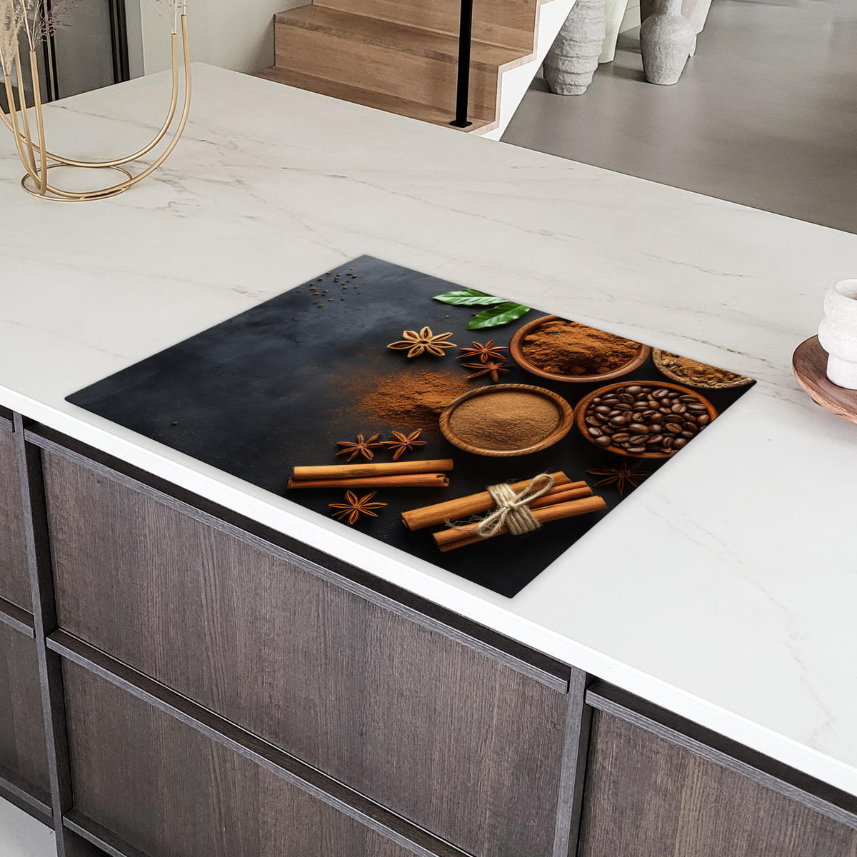 HERDABDECKPLATTE Zimt - Beton - Kaffee - Zimtstangen - Gewürze Induktionsmatte 77x59 cm - Mokka, Kunststoff (77/59/0.2cm) - MuchoWow