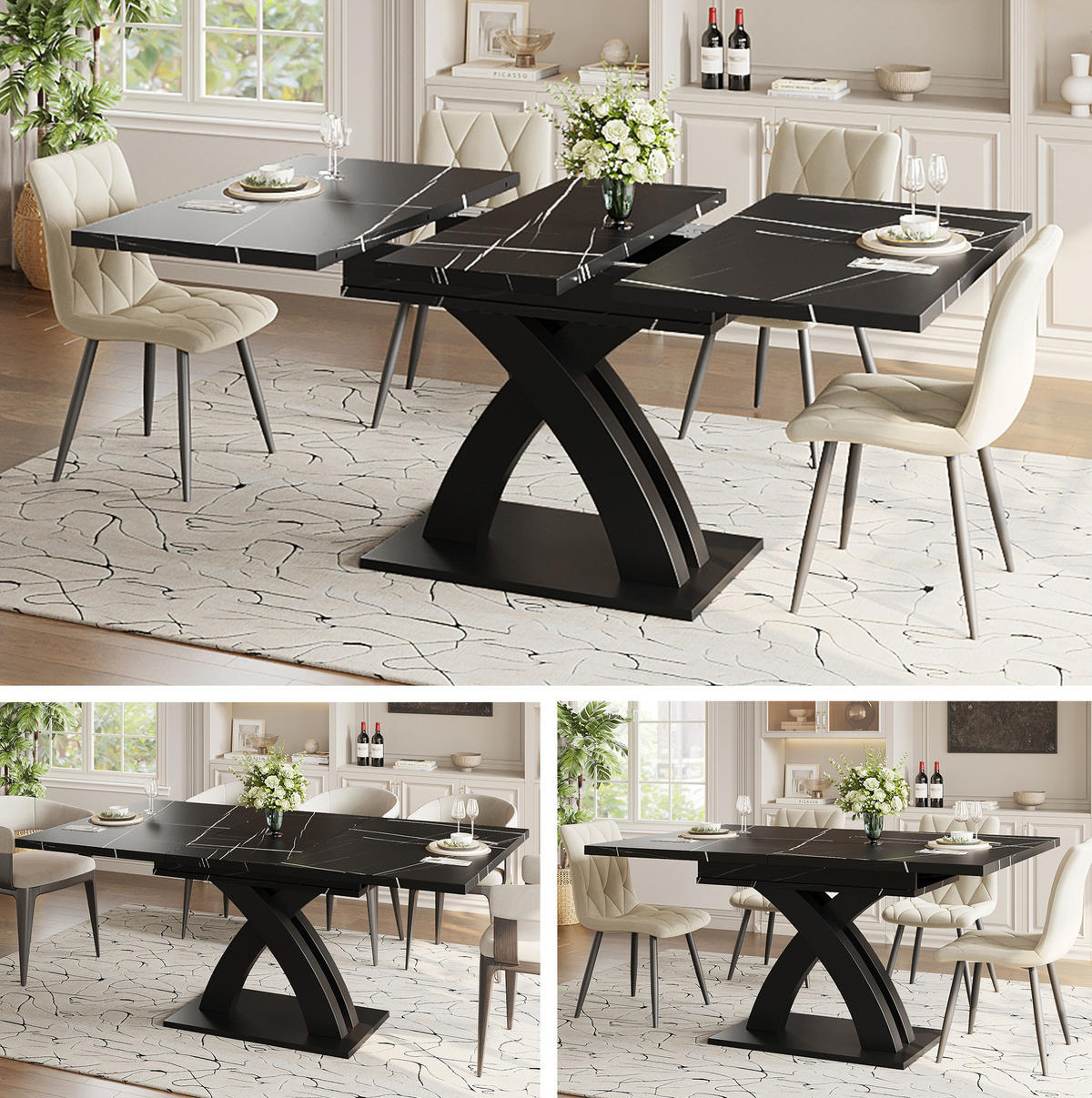 ESSTISCH 120/80/76 cm ausziehbar auf 160 cm Schwarz aus MDF Metall mit X-Streben - Schwarz, Holzwerkstoff (120/80/75cm) - OKWISH