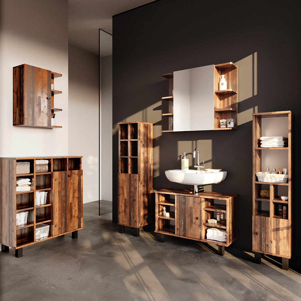 BADMÖBEL-SET Fynn Eiche rustikal 3 Teile, mit Midischrank Tür klein - Wildeiche, Holzwerkstoff (60/54/32cm) - Vicco