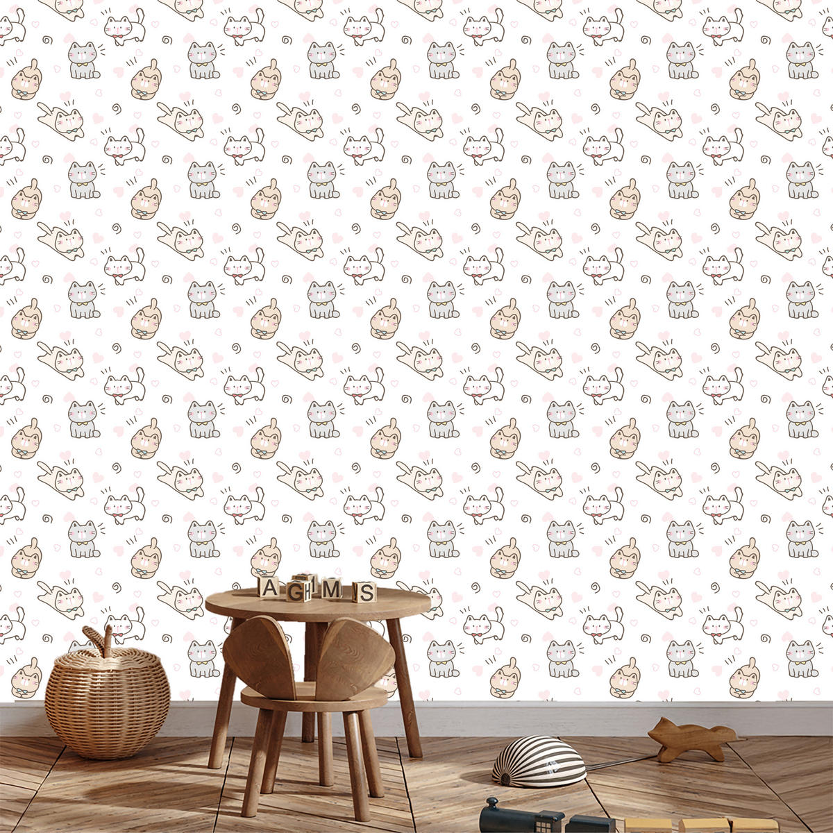 VLIESTAPETE Kätzchen und Herzen – Beige, Grau, Weiß – 50x1000 cm - Beige/Weiß, Papier (50/1000cm) - Muralo