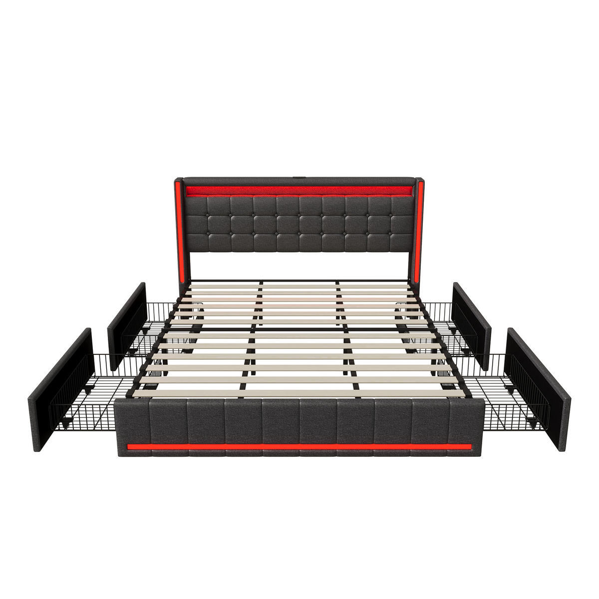 POLSTERBETT 180/200 cm mit LED und vier Schubladen, modernes Stauraumbett für Schlafzimmer - Dunkelgrau, Holz/Metall (180/200cm) - Joyfair
