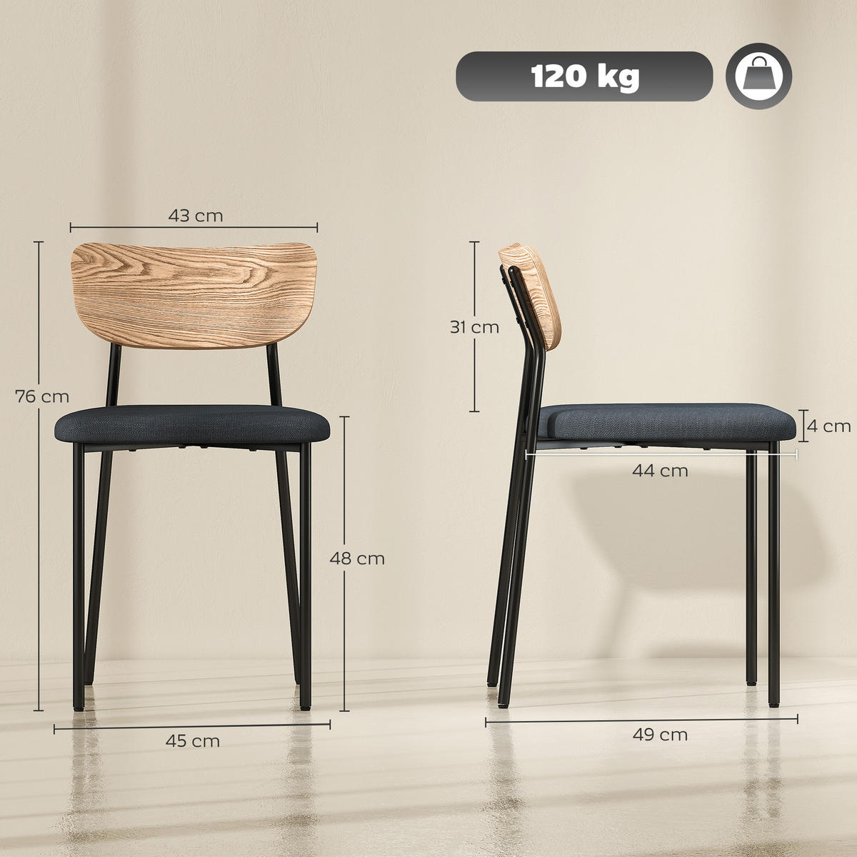 ESSZIMMERSTÜHLE 2er-Set 49L x 45B x 76H cm Grau - Grau, Kunststoff (45/76/49cm) - HOMCOM