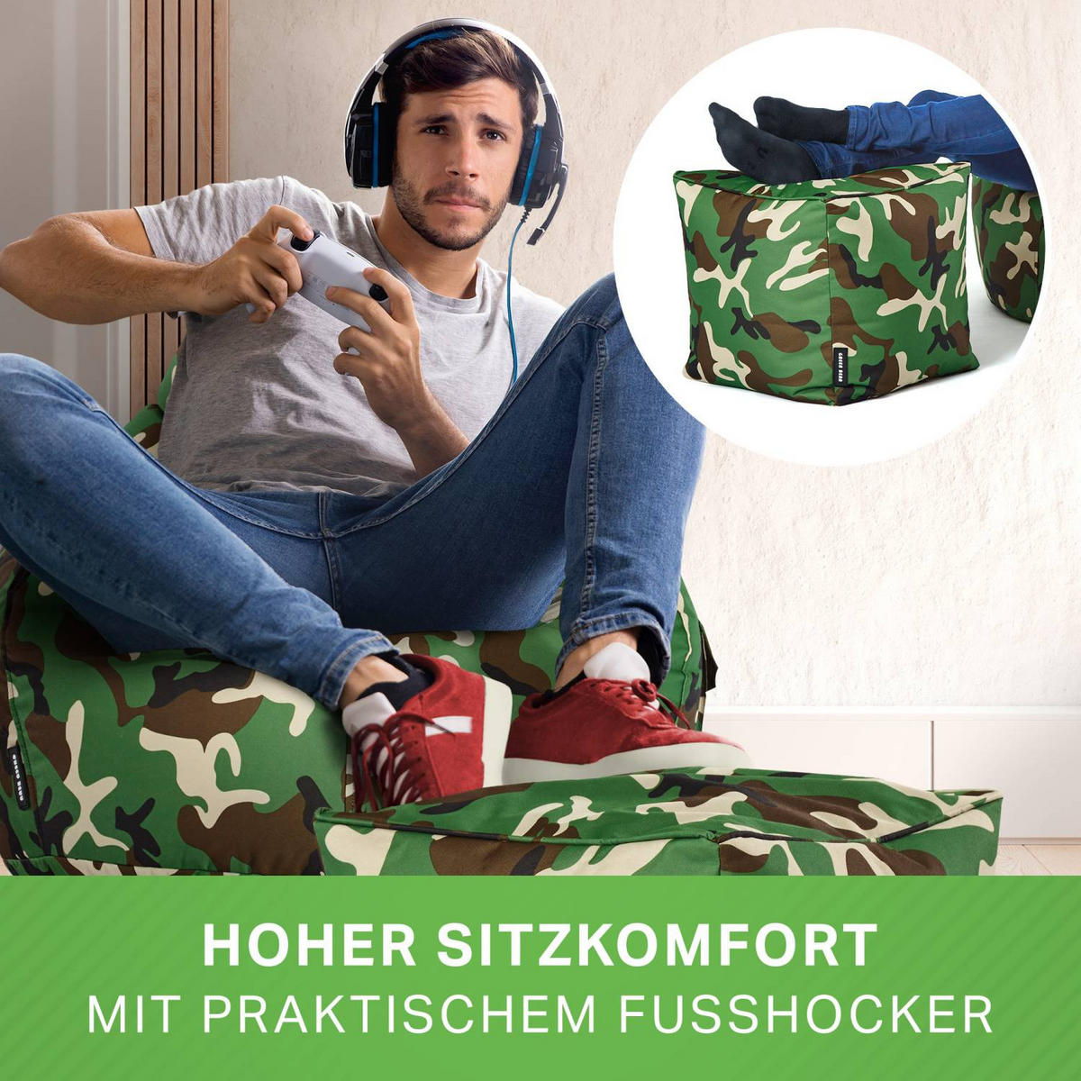 SITZSACK + Hocker "Cozy+Cube" 2er Set - Braun/Grün, Textil (70/90/80cm) - Green Bean