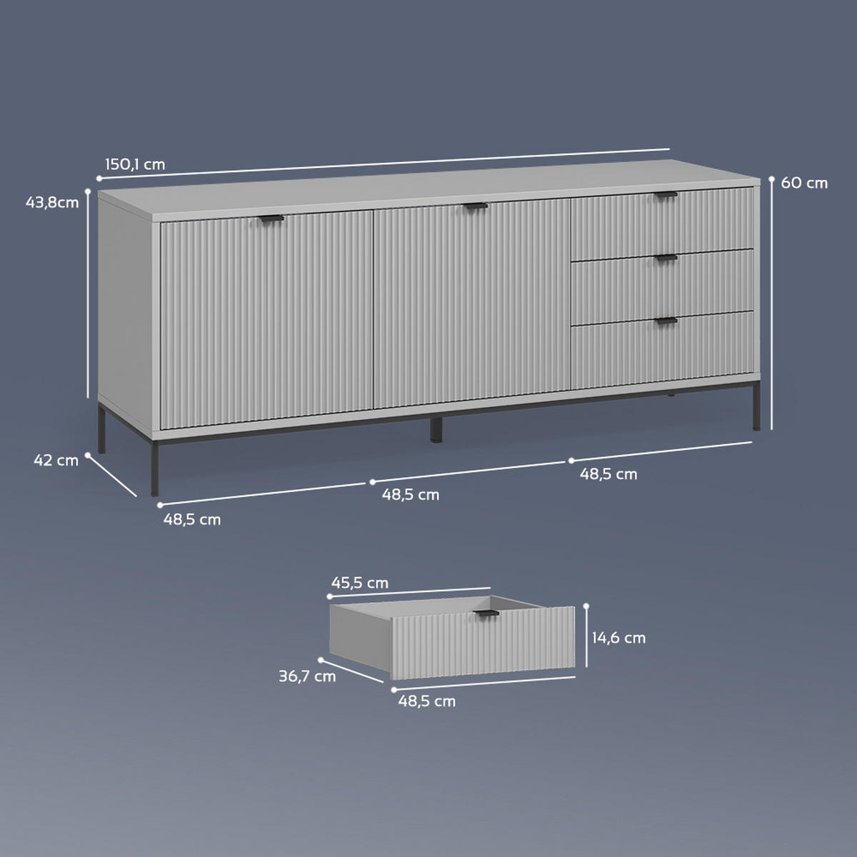 LOWBOARD Aterno Grau 150 x 60 cm mit 3 Schubladen, 2 Türen - Grau, Holzwerkstoff (150/60/42cm) - Livinity®