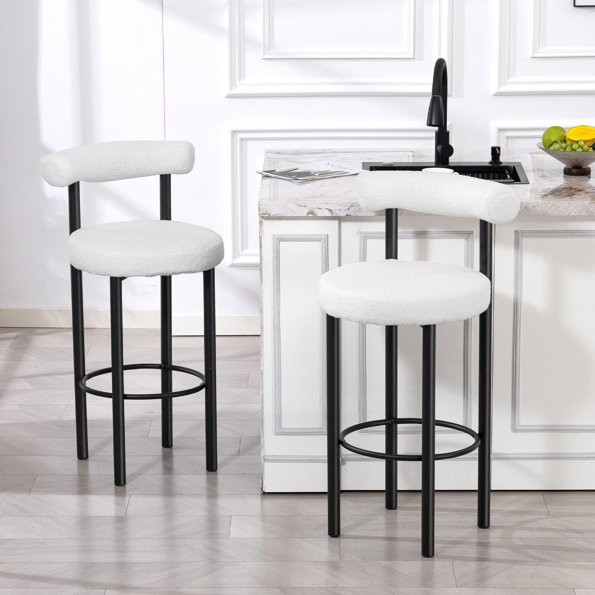 BARHOCKER 2er-Set DE-14818 gepolstert mit Boucle-Bezug Weiß - Weiß, Metall (50/98/52.5cm) - ComfortXL