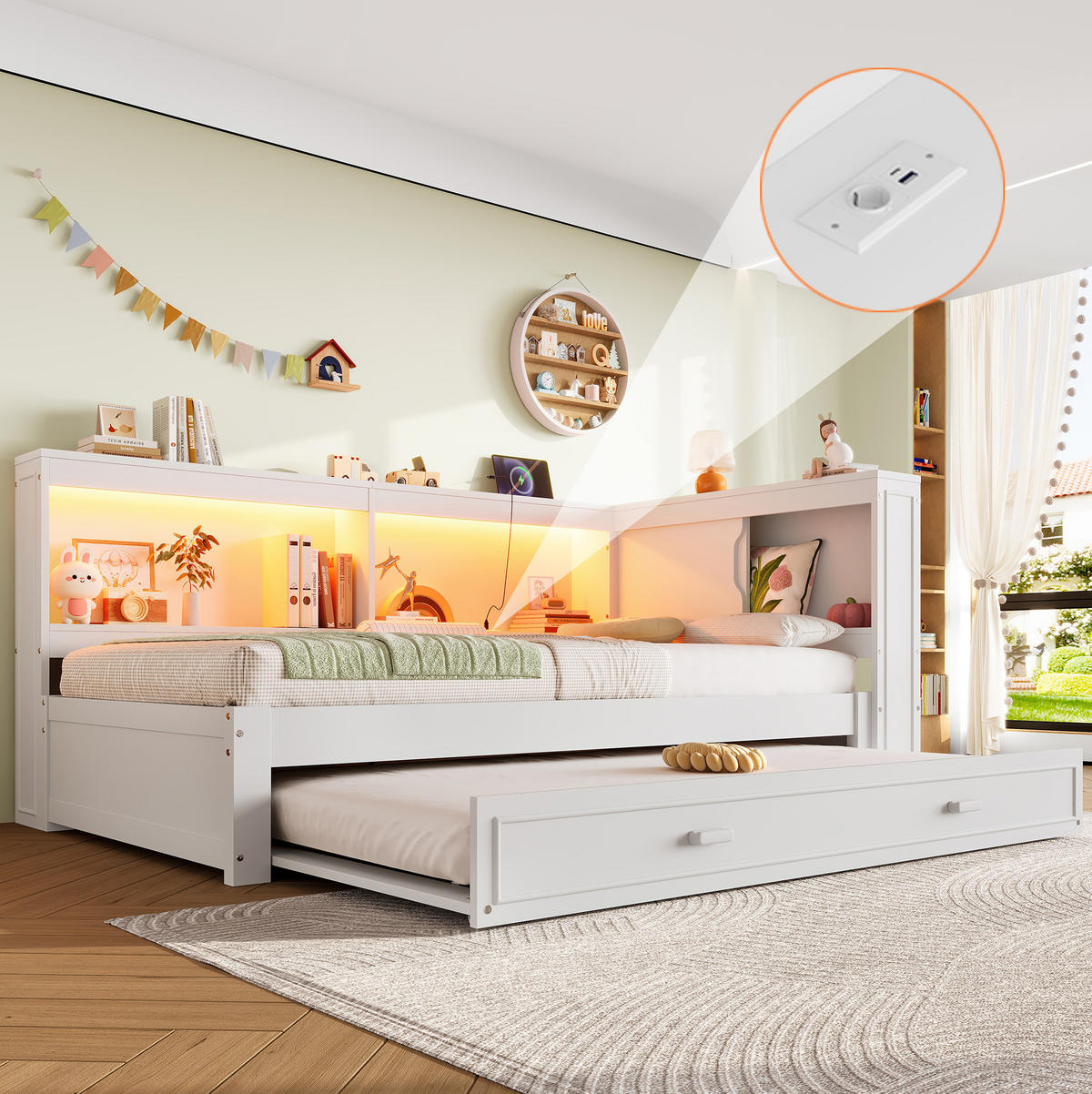 KINDERBETT 90/200 cm Weiß aus Kiefern mit Ausziehbett, LED-Beleuchtung, USB, Typ-C und Steckdose - Weiß, Holz (90/200cm) - OKMYHOME