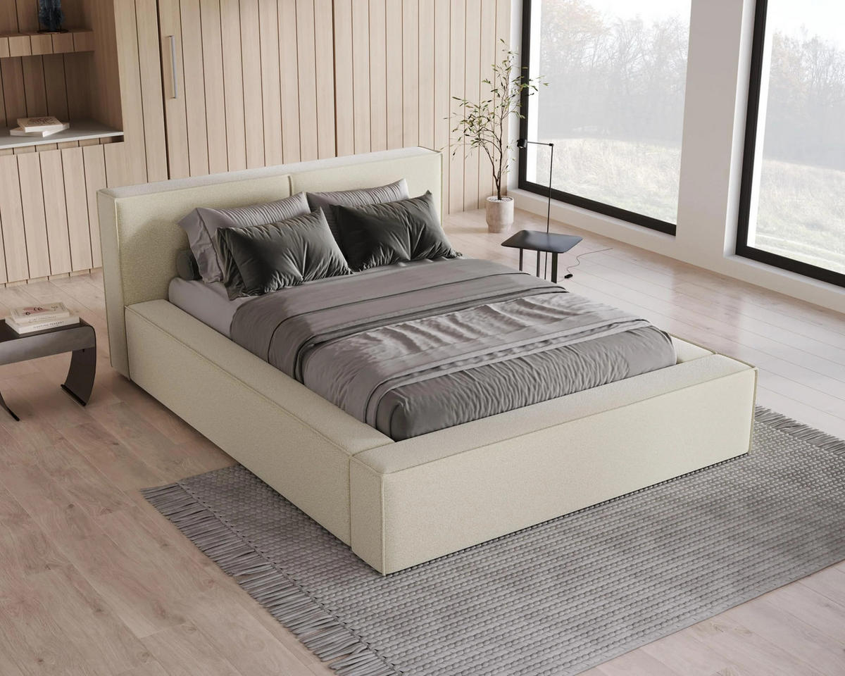 POLSTERBETT Lugano 140x200 cm mit Bettkasten und elegantem Kopfteil - Bouclé Beige - Beige, Holz (140/200cm) - Chilly