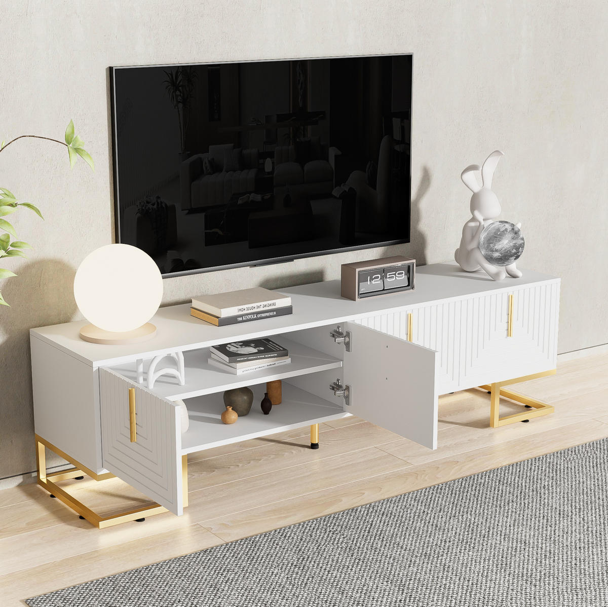 TV-LOWBOARD aus Spanplatte 170x40x45,5 cm Weiß mit 4 Türen, goldfarbenen Griffen und verstellbaren Füßen - Weiß, Holzwerkstoff (200/60/35cm) - Modfu