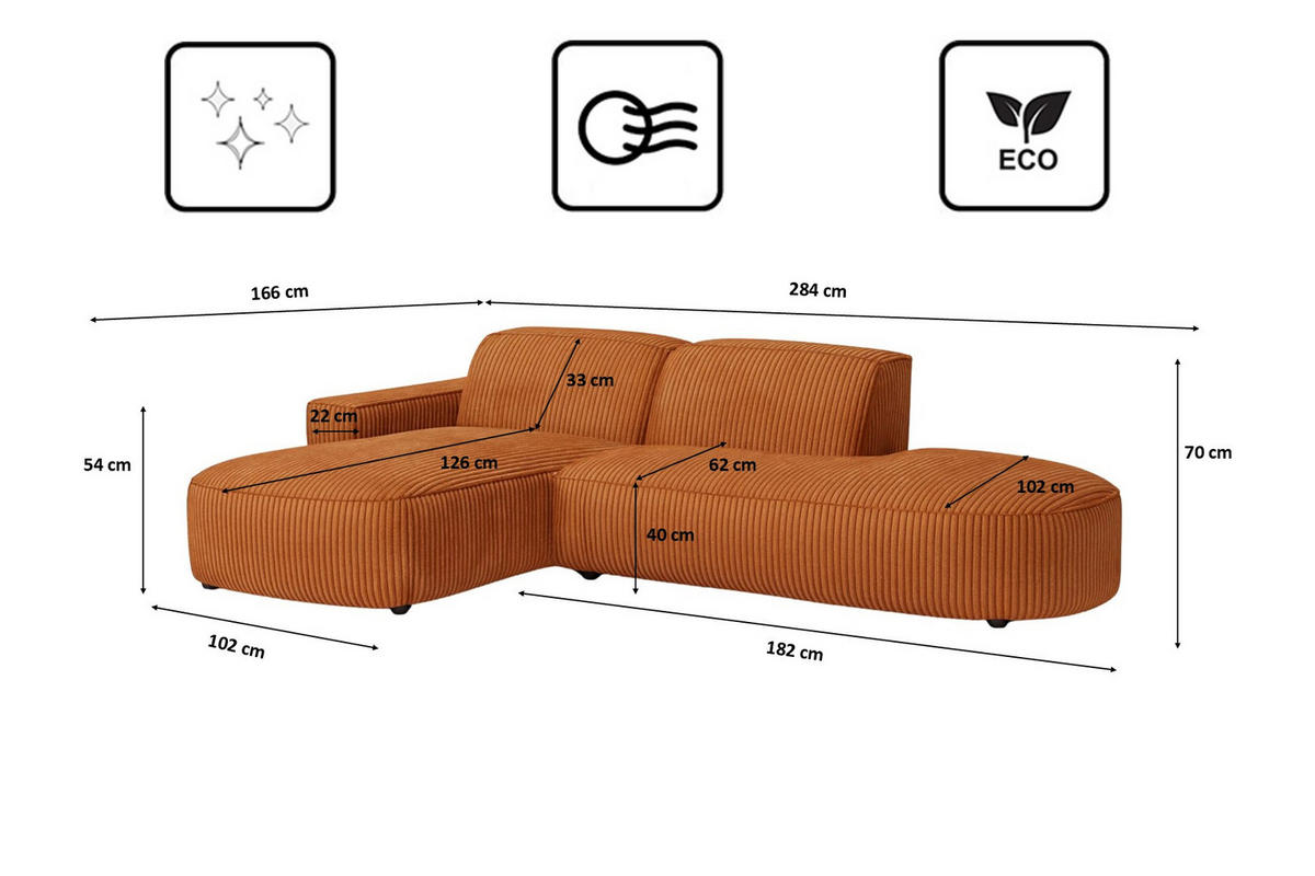 ECKSOFA Cursal Atelier, Stoff Poso, Kupfer, Links - Orange, Holz (284/166cm) - Kaiser Möbel