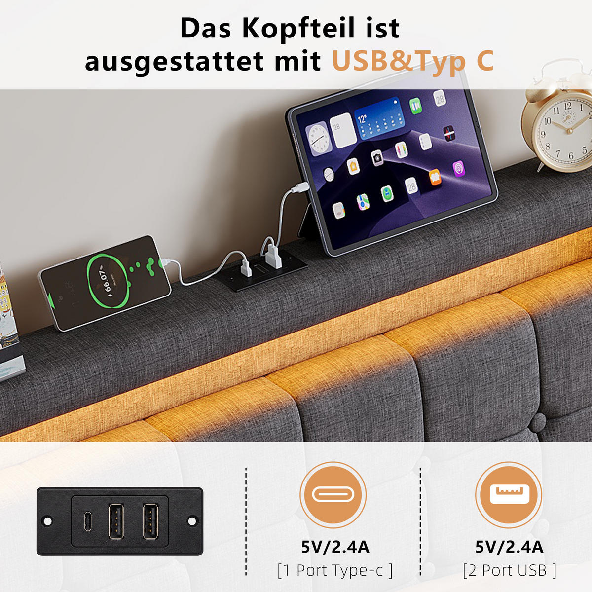 POLSTERBETT 90x200 cm Grau mit LED, Stauraum, USB-C & hydraulischem Lattenrost - Grau, Holz (90/200cm)