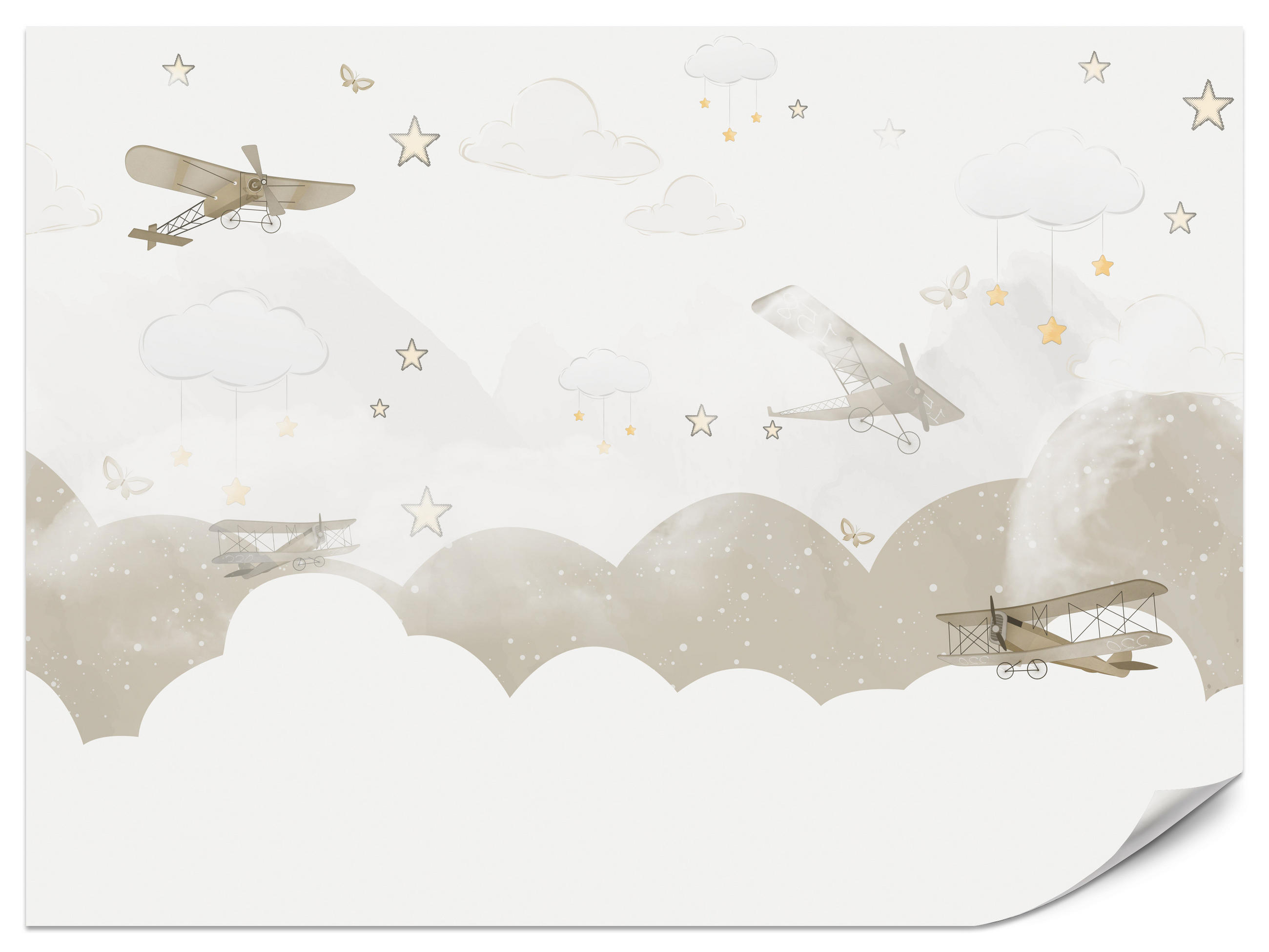 FOTOTAPETE für Kinderzimmer Flugzeuge Wolken Sterne Himmel 300x210 - Gelb/Beige, Papier (300/210cm) - Muralo