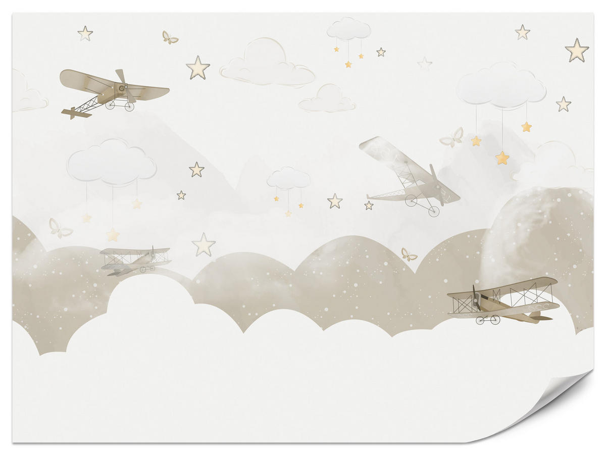 FOTOTAPETE für Kinderzimmer Flugzeuge Wolken Sterne Himmel 300x210 - Gelb/Beige, Papier (300/210cm) - Muralo