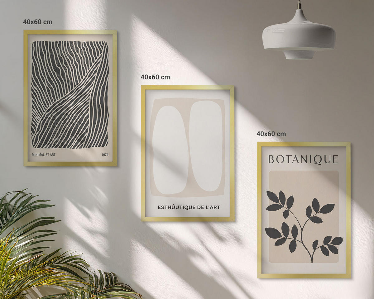 WANDBILDER 3er Set - 40x60 cm Goldrahmen - Pflanzenmuster und Linien - Goldfarben, Kunststoff (40/60cm) - ArtPrintCave