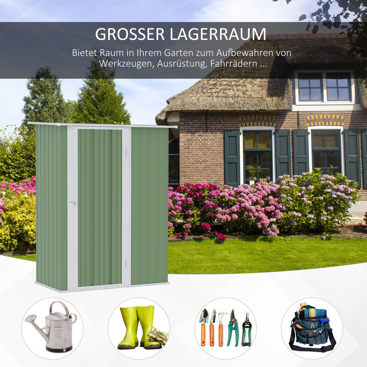 GERÄTEHAUS, Gartenhaus, Geräteschuppen mit Tür, Outdoor, Stahl, Grün - Grün, Metall (84/189/142cm) - Outsunny