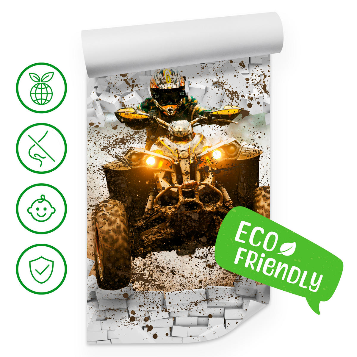 FOTOTAPETE für Büro Schlammbedecktes Quad Durchbricht Backsteinmauer 150x105 - Gelb/Beige, Papier (150/105cm) - Muralo