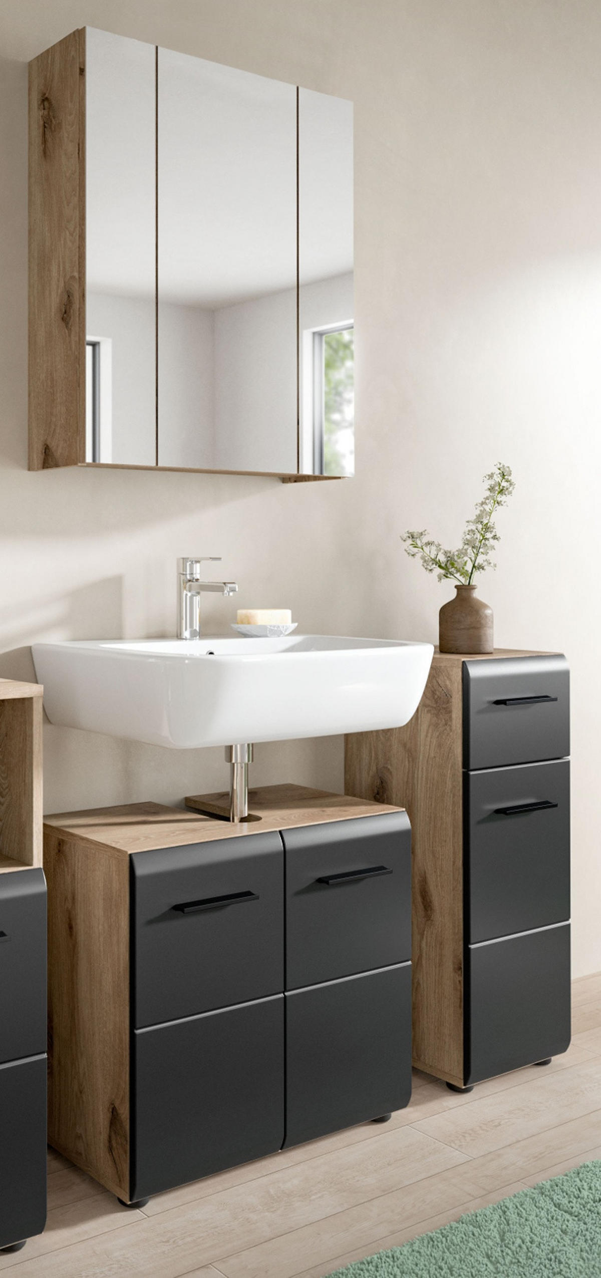 BADMÖBEL Set 3-teilig in schwarz matt und Nox Eiche Badkombination 105 x 185 cm Cover - Eichefarben/Schwarz, Glas/Holzwerkstoff (105/185/30cm) - Inn.Furn