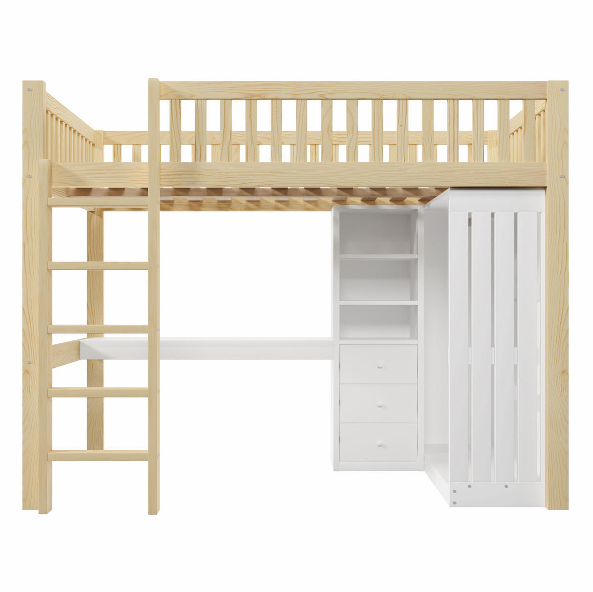 HOCHBETT mit Schreibtisch 140/200 cm in Natur – mit Kleiderschrank, Treppe und Stauraum - Naturfarben, Holz (140/200cm) - BEAOK