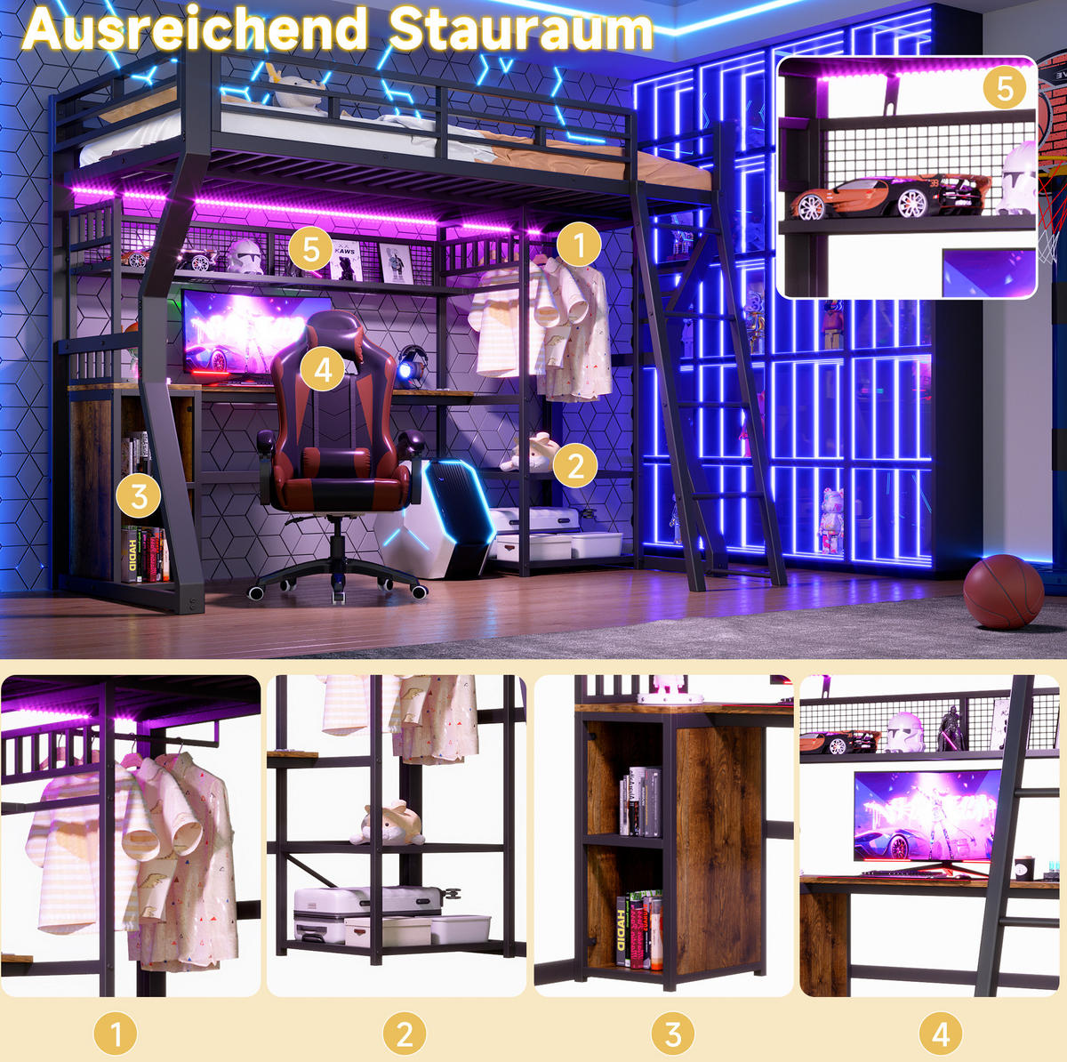 HOCHBETT 90/200 cm, Schwarz mit Schreibtisch, Lichtleiste, Steckdose, ohne Matratze - Schwarz, Metall (90/200cm) - MIVRAY