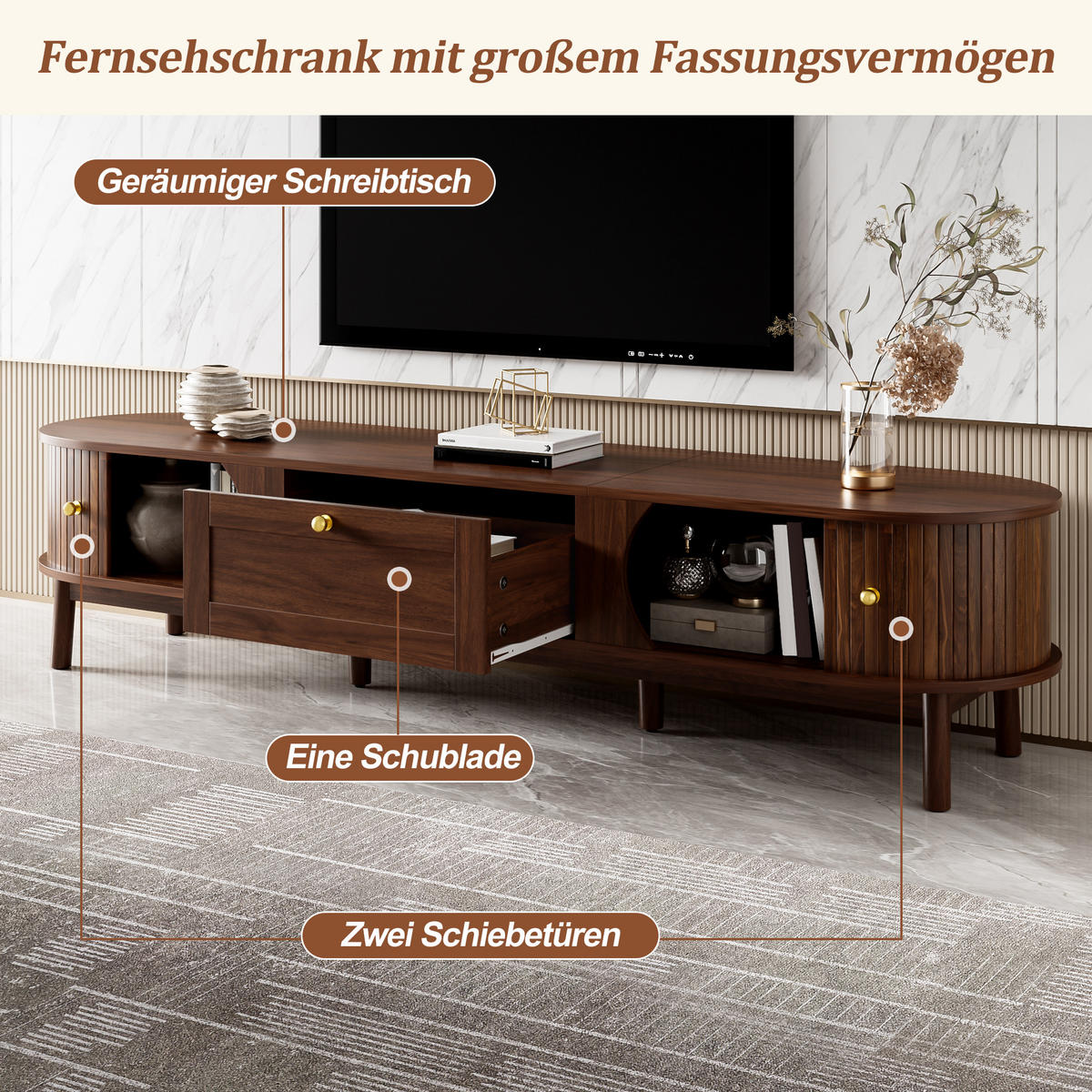 TV-SCHRANK Massivholz Schubladen abgerundet Stauraum modern - Walnussfarben, Holzwerkstoff (39.5/38/170cm) - FLIEKS