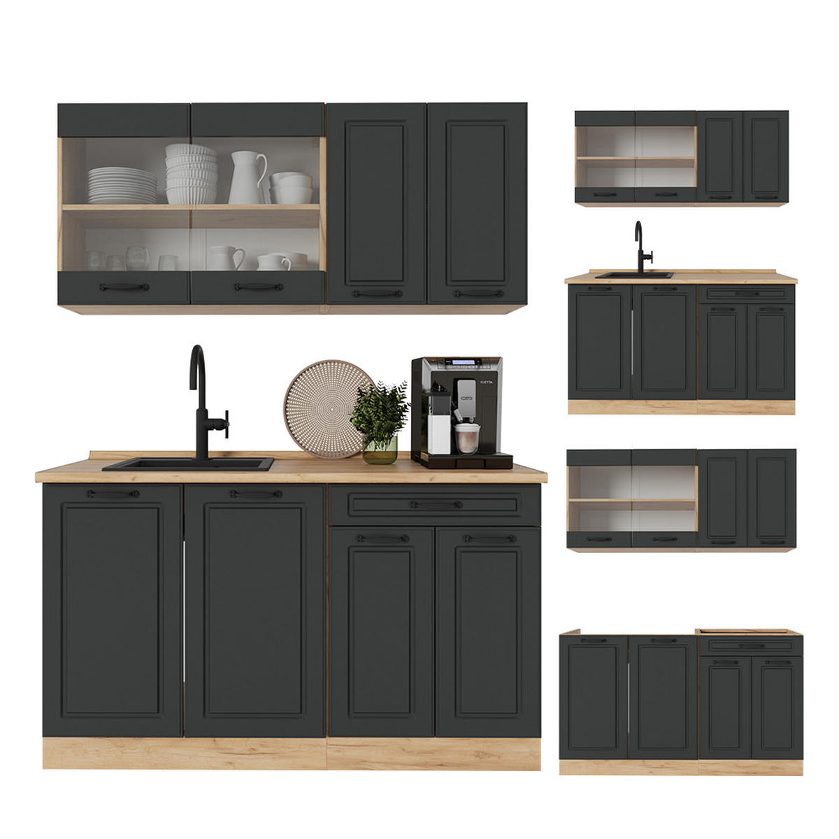 SINGLEKÜCHE R-Line Anthrazit Landhaus/Goldkraft Eiche 140 cm ohne Arbeitsplatte - Honigeiche/Anthrazit, Holzwerkstoff (140/81.6/46cm) - Vicco