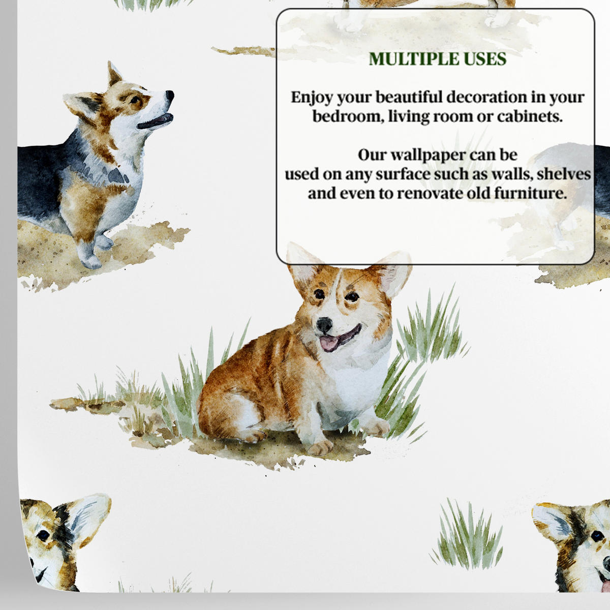 TAPETE Corgi aus echtem Papier, 200x280cm, 8 Bögen - Weiß, Papier (280/200cm) - WALLPAPERS4BEGINNERS