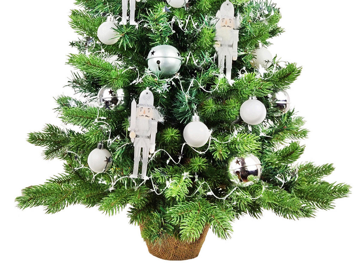 WEIHNACHTSBAUM künstlicher 60 cm mit LED-Beleuchtung, SILBERSOLDAT, mit 32 Weihnachtsbaumschmuck, Pflanztopf mit Jutesack - Silberfarben/Weiß, Kunststoff/Stein (40/60cm) - LAALU