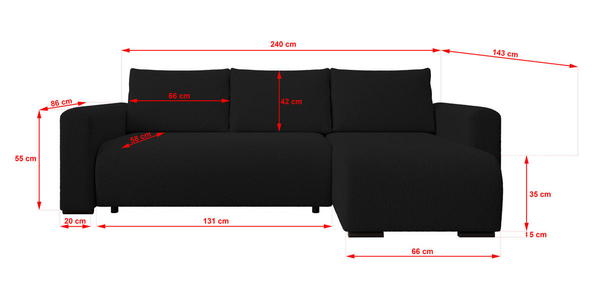 ECKSOFA DORA L, Eckcouch in L-Form mit Schlaffunktion und Bettkasten, Farbe: Schwarz, Bouclé-Stoff, Ottomane Rechts - Schwarz, Textil (240/143cm) - Storez24