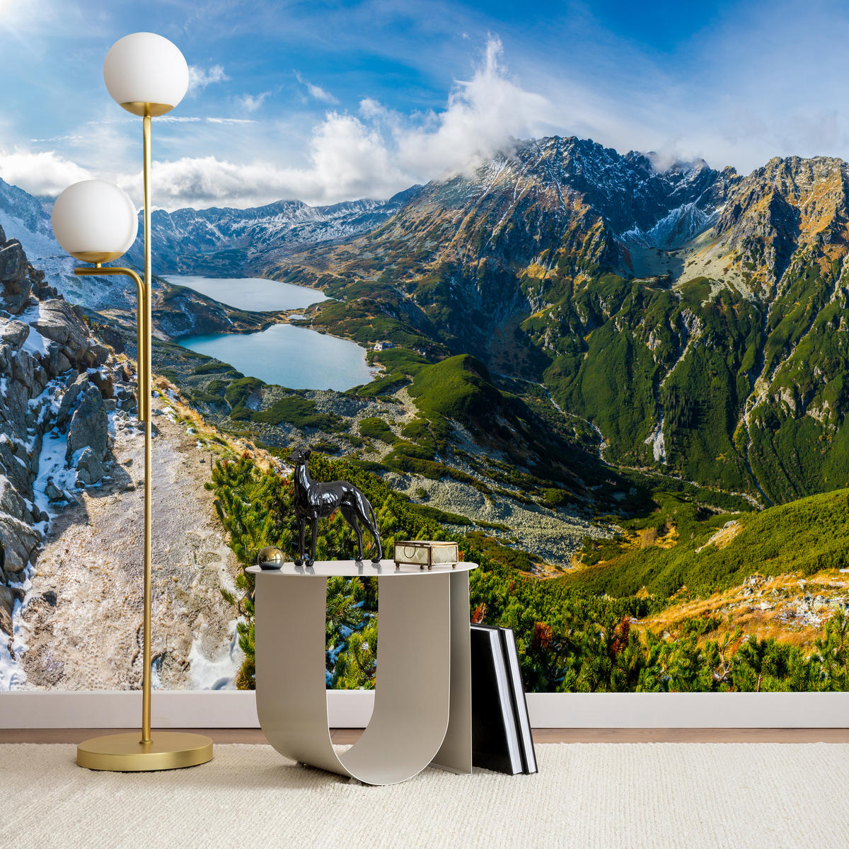 FOTOTAPETE für Wohnzimmer Tal der Fünf Polnischen Seen Gebirge 300x210 - Blau/Gelb, Papier (300/210cm) - Muralo