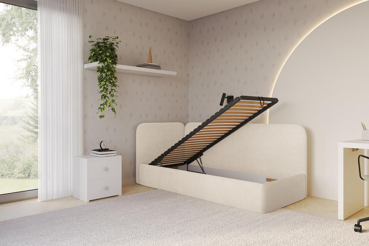 EINZELLBETT Jugendbett mit Bettkasten und Matratze H3/H4, Rechts - ELSY 80x200 Beige - Kaschmir, Holzwerkstoff/Textil (80/200cm) - ALTDECOR