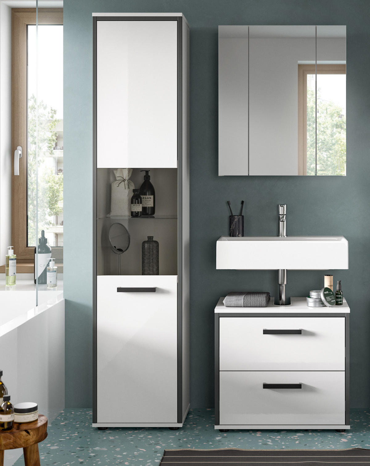 BADMÖBEL-SET 3-teilig weiß Hochglanz, grau 115 x 188 cm, Badkombination, modernes Design - Weiß Hochglanz/Schwarz, Glas/Holzwerkstoff (115/188/37.5cm) - Inn.Furn