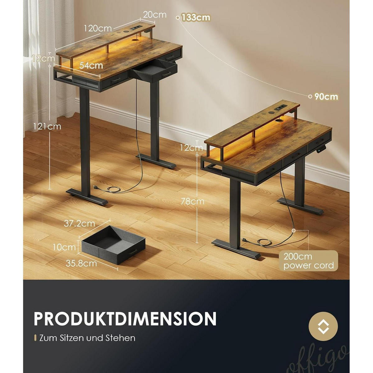 ELEKTRISCHER Schreibtisch mit Schubladen Braun 120 cm - Braun, Holzwerkstoff (54/120/78cm)