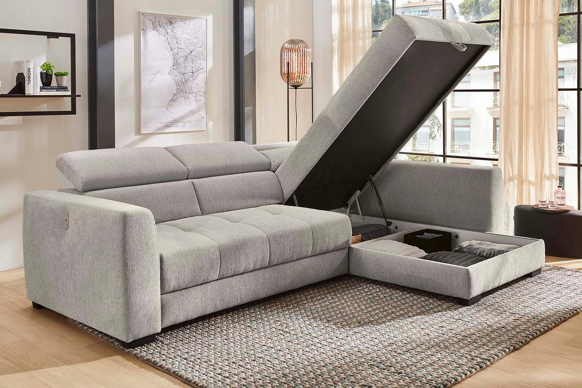 ECKSOFA mit elektrischer Sitztiefenverstellung, Kopflehnen verstellbar, USB-Ladefunktion, Bettkasten B300/T196/H103 cm, Chenille Grau / 15408 - Schwarz/Grau, Kunststoff/Textil (300/196cm) - luma-home