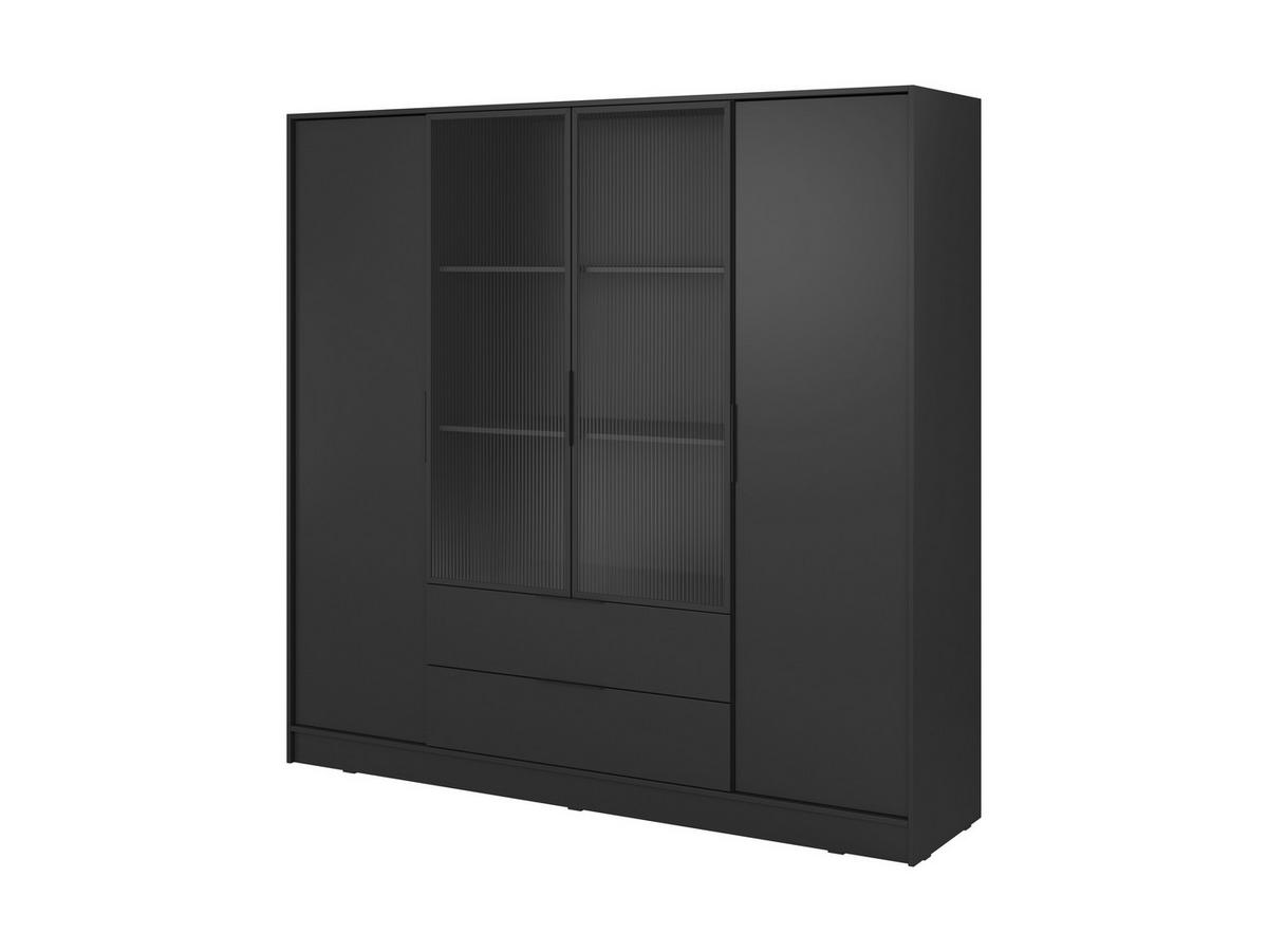DREHTÜRENSCHRANK - Sevia Schwarz – mit Vitrine in der Mitte - Schwarz, Holzwerkstoff (206/200/51cm) - Möblo