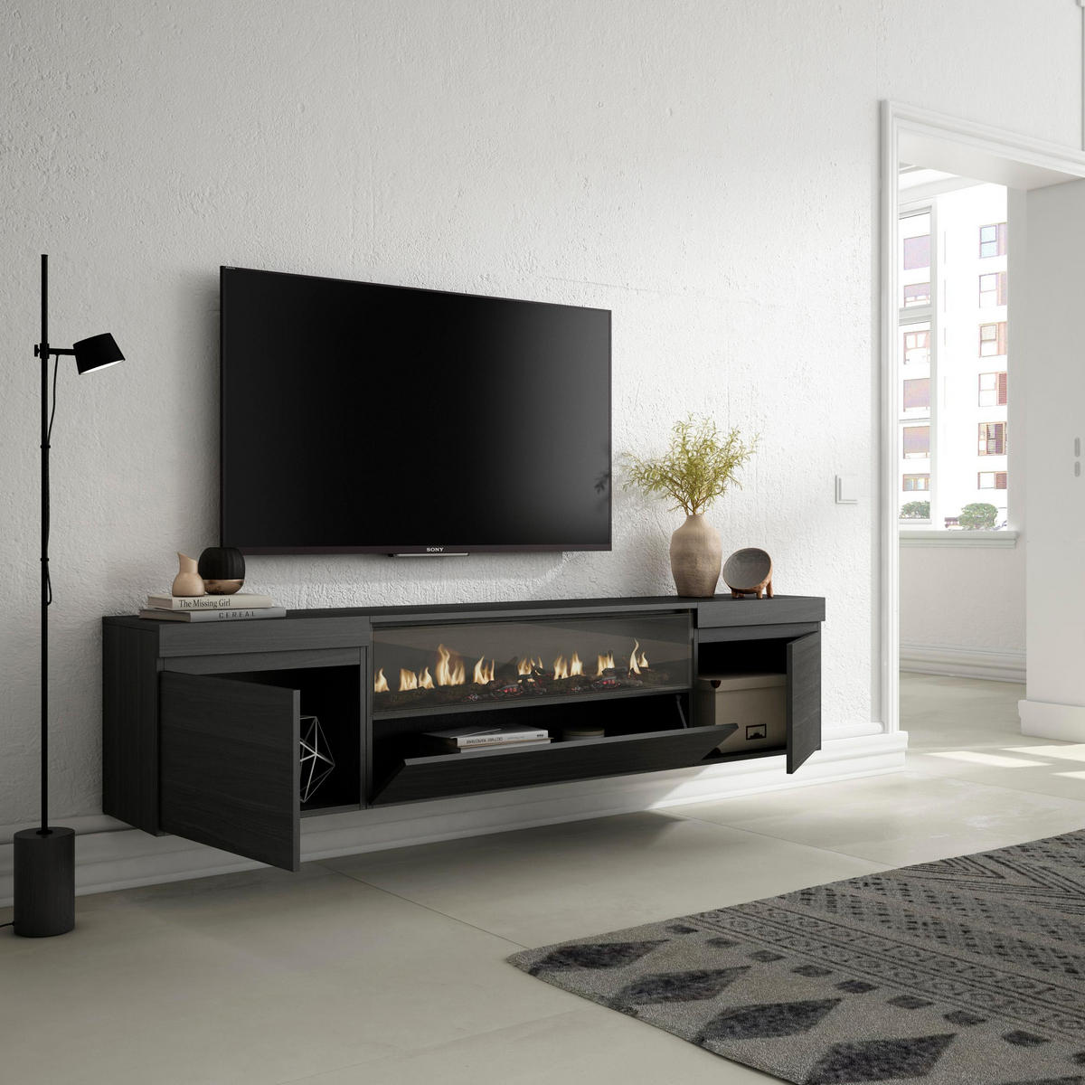 TV-SCHRANK schwarz, mit Elektrokamin, Hängend, 200/35/45cm - Anthrazit, Holzwerkstoff (200/45/35cm) - Skraut Home