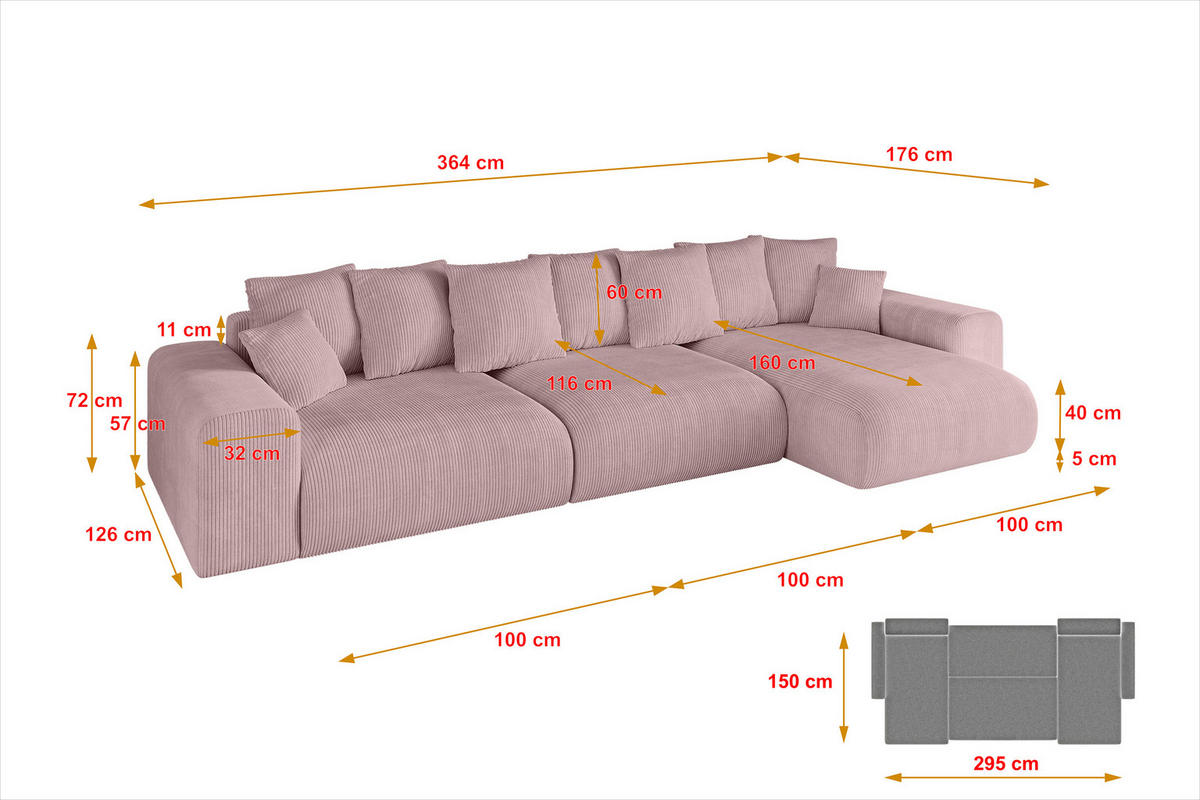 ECKSOFA Ottomane rechts ESKAR-L2 364x176x72 Rosa Cord - Schwarz/Rosa, Holzwerkstoff/Kunststoff (176/364cm) - ALTDECOR