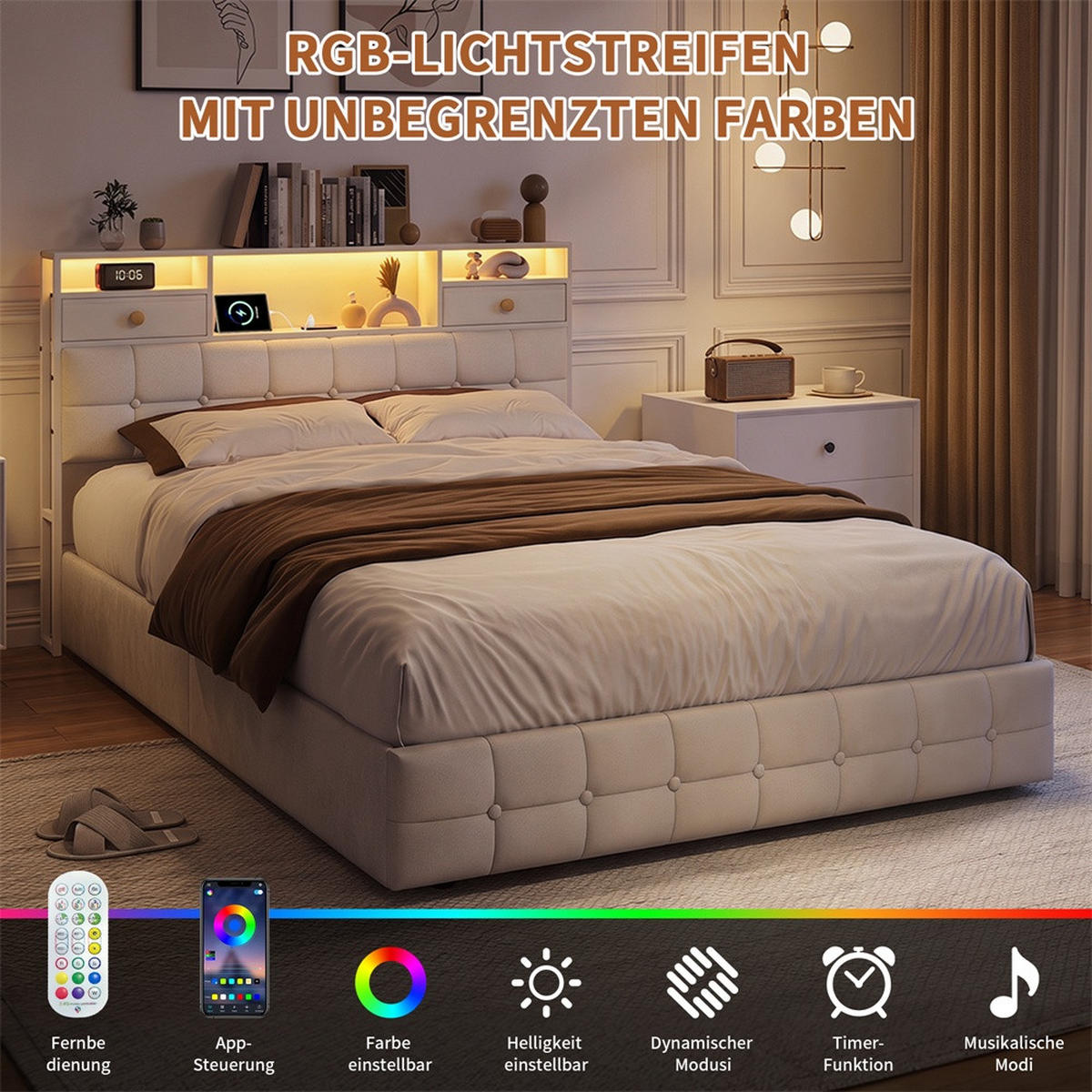 POLSTERBETT 140x200 cm - mit LED-Beleuchtung, 2 Nachttisch-Schubladen und hydraulischem Bettkasten - Beige - Beige, Textil (140/200cm) - DELFA