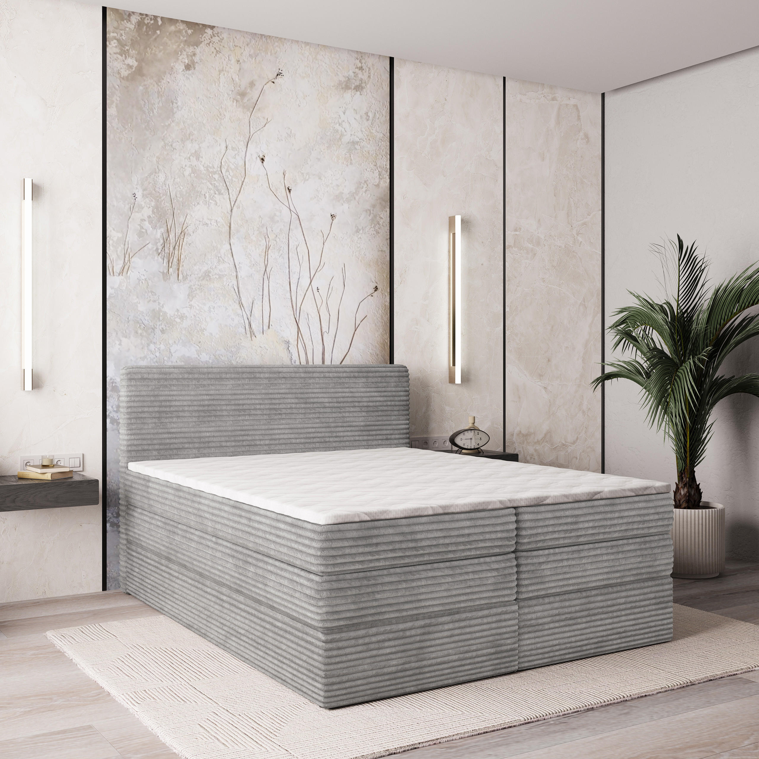 BOXSPRINGBETT LUNERA 160x200 cm mit Matratze und Topper - Hellgrau - Grau, Holz (160/200cm) - MASSENO