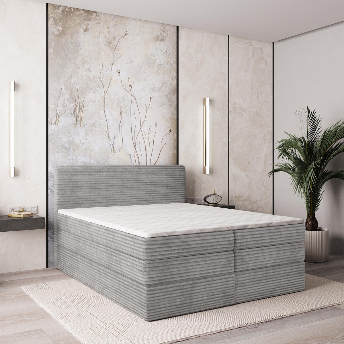 BOXSPRINGBETT LUNERA 140x200 cm mit Matratze und Topper - Hellgrau - Grau, Holz (140/200cm) - MASSENO