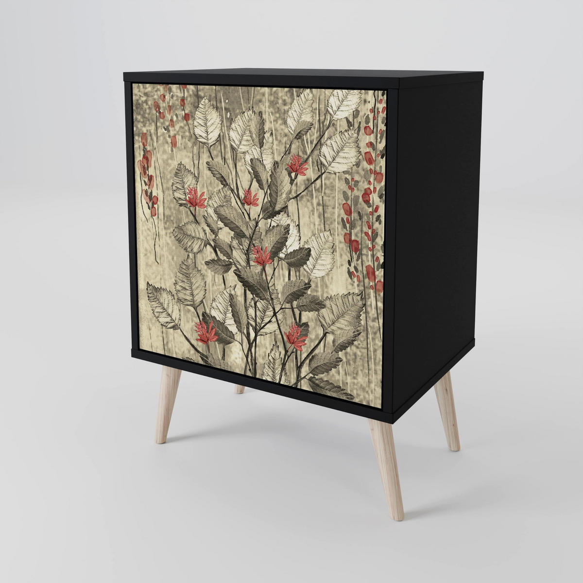 SIDEBOARD HERBAL GRACE, Schwarz, 57,5x42x72,5 cm, Schwarze Metallfüße - Multicolor/Schwarz, Holzwerkstoff/Metall (57.5/72.5/42cm) - SpaceRebels