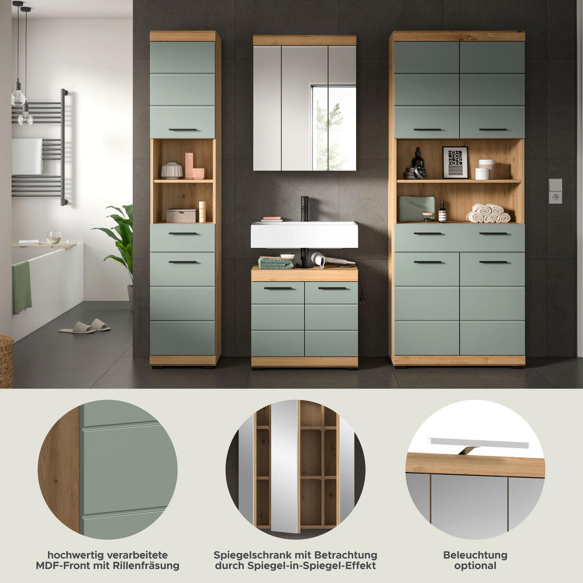 BADKOMBINATION 4tlg. Scout Bad in Artisan Eiche Nachbildung und Salbei Nachbildung B/H/T: 186x191x34 cm - Eiche Artisan, Holz (186/191/34cm)