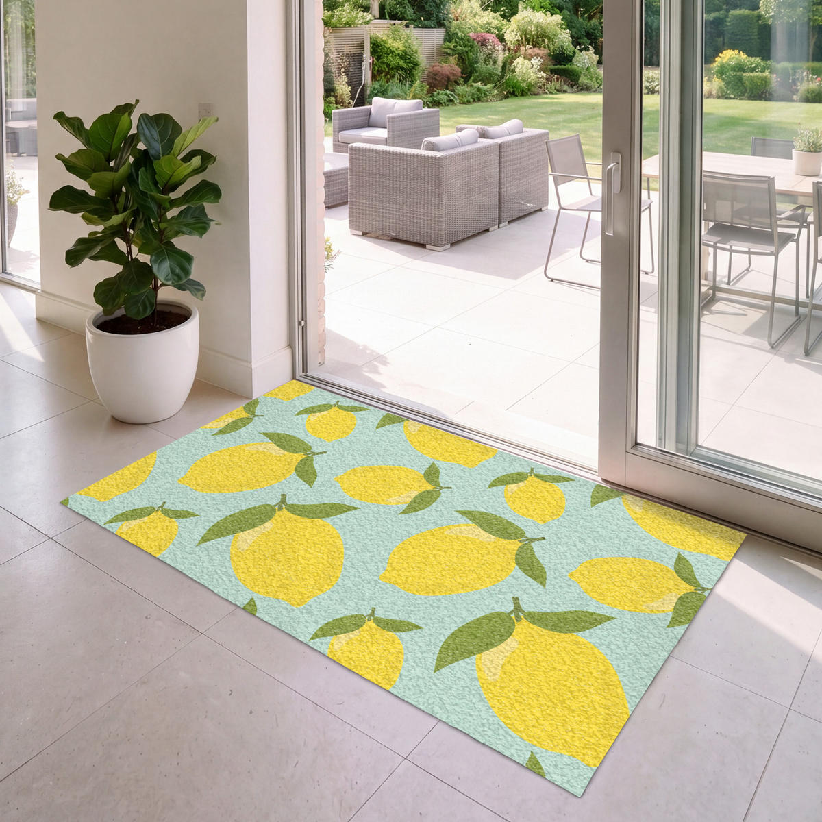 ROHOŽKA Citróny vzor - Žltá - Modrá - Vzor - Ovocie 150x90 cm - žltá, plast (150/90cm) - MuchoWow
