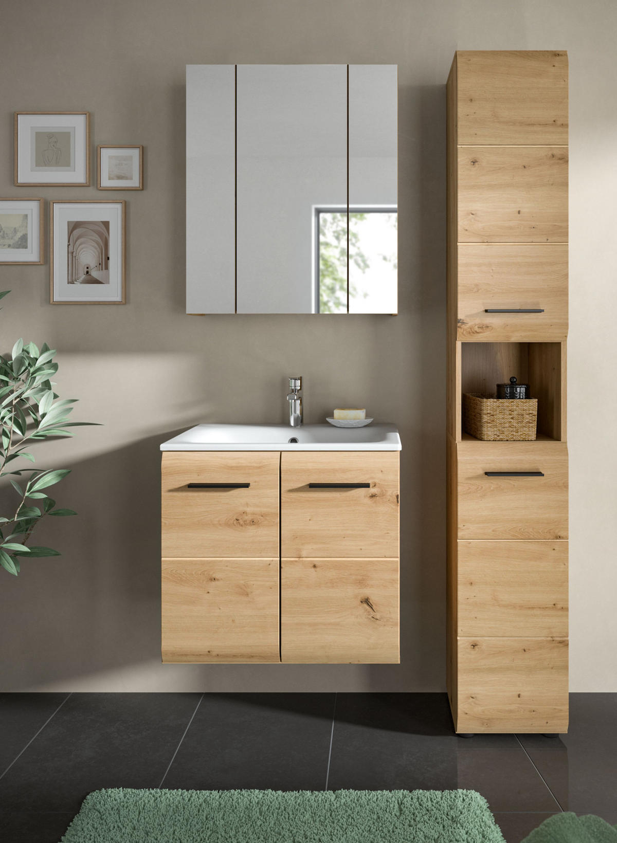 BADMÖBEL-SET 3-teilig Eiche Artisan, Badkombination 105 cm mit Waschbecken, Cover - Schwarz/Eiche Artisan, Glas/Keramik (105/185/46cm) - Inn.Furn