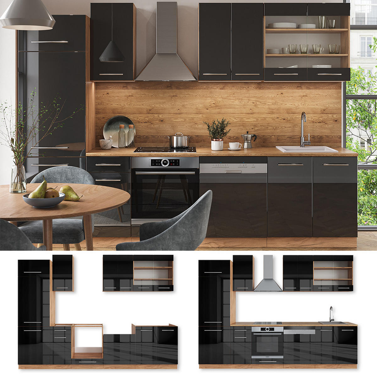 KÜCHENZEILE Fame-Line Anthrazit Hochglanz/Goldkraft Eiche 300 cm AP Eiche - Honigeiche/Anthrazit, Holzwerkstoff (300/81.6/60cm) - Vicco