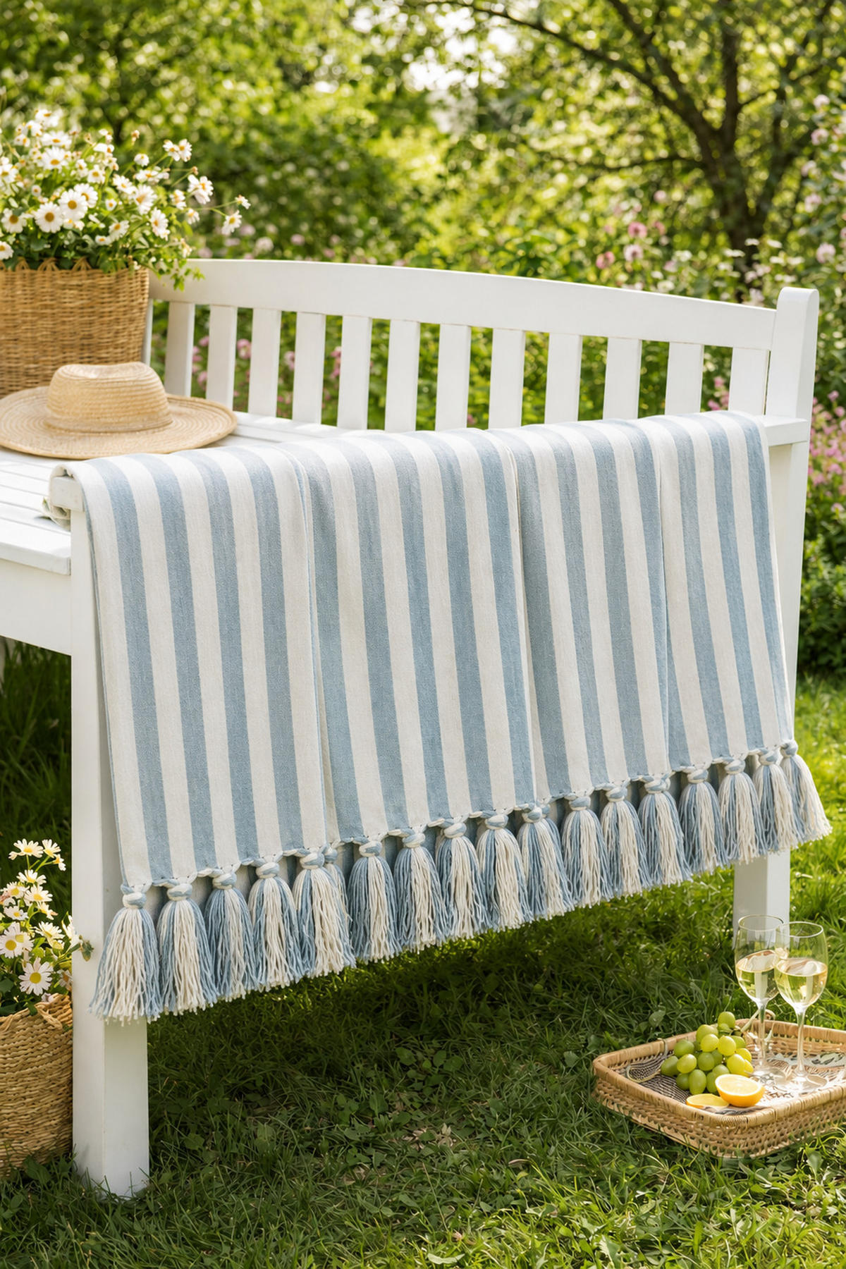 WOHNDECKE Baumwolle 130x180 cm Mit Fransen – Blaue Streifen - Blau, Naturmaterialien (130/180cm) - AU Maison