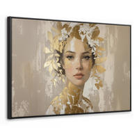 LEINWAND Bilder mit Rahmen - Gesicht - Frau - Blätter - Gold - 150x100 - Beige, Textil (150/100cm) - MuchoWow